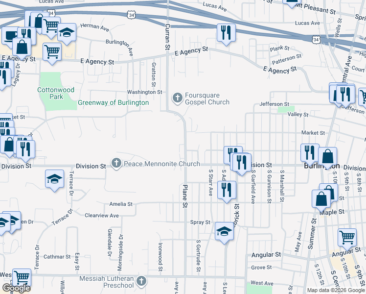 map of restaurants, bars, coffee shops, grocery stores, and more near 117 Plane Street in Burlington