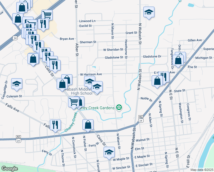 map of restaurants, bars, coffee shops, grocery stores, and more near 250 Half Street in Wabash