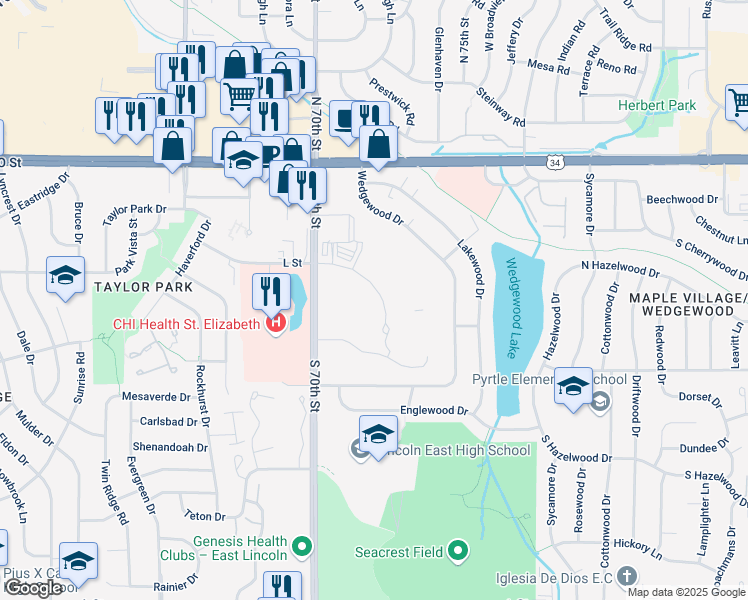 map of restaurants, bars, coffee shops, grocery stores, and more near 600 South 70th Street in Lincoln
