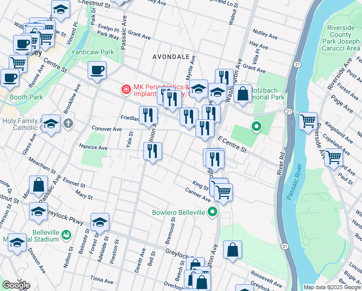 map of restaurants, bars, coffee shops, grocery stores, and more near 26 Witherspoon Street in Nutley