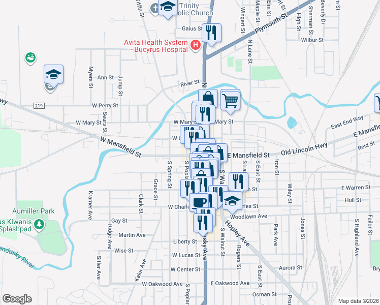map of restaurants, bars, coffee shops, grocery stores, and more near 144 Washington Square in Bucyrus