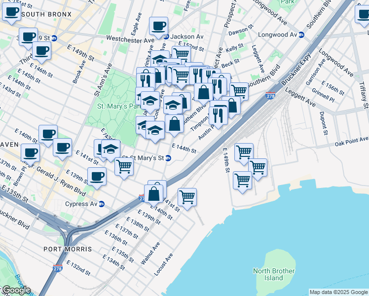 map of restaurants, bars, coffee shops, grocery stores, and more near 420 Timpson Place in Bronx