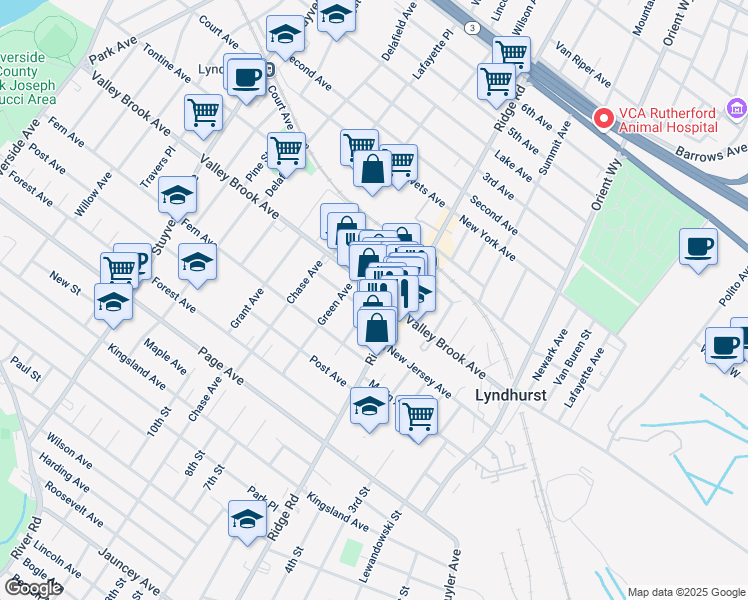 map of restaurants, bars, coffee shops, grocery stores, and more near 304 Milburn Avenue in Lyndhurst