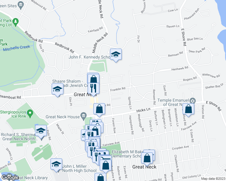 map of restaurants, bars, coffee shops, grocery stores, and more near 6 Franklin Rd in Great Neck