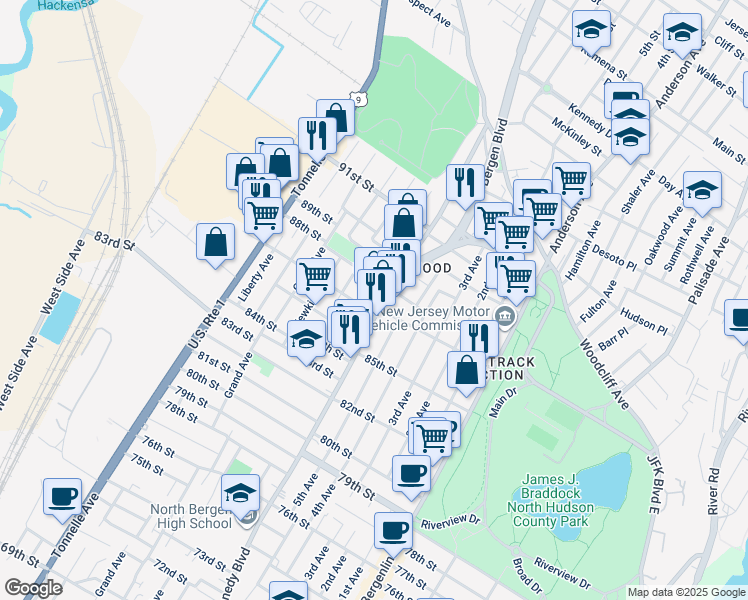 map of restaurants, bars, coffee shops, grocery stores, and more near 8705 John F. Kennedy Boulevard in North Bergen