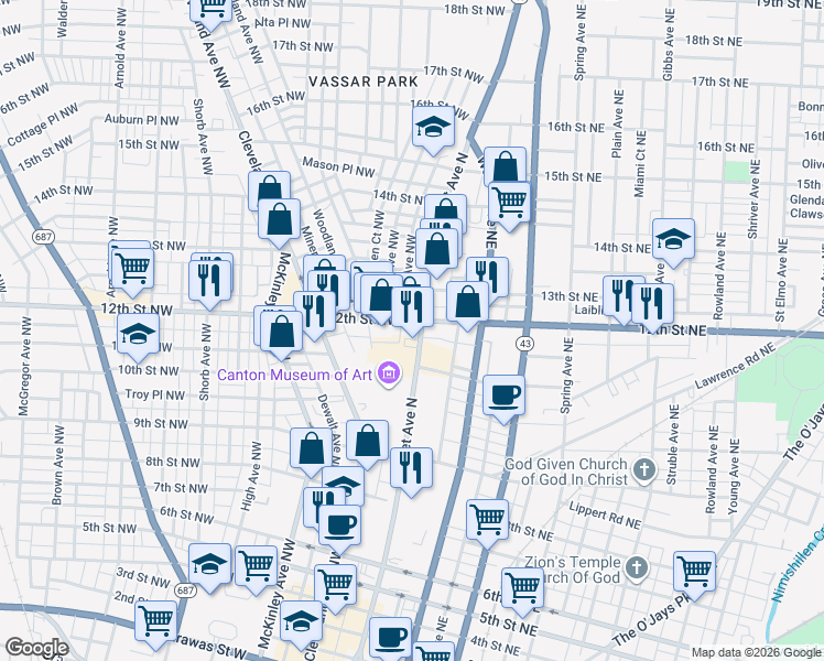map of restaurants, bars, coffee shops, grocery stores, and more near 1137 Market Avenue North in Canton