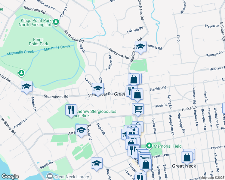 map of restaurants, bars, coffee shops, grocery stores, and more near 3 Robin Hill Road in Great Neck
