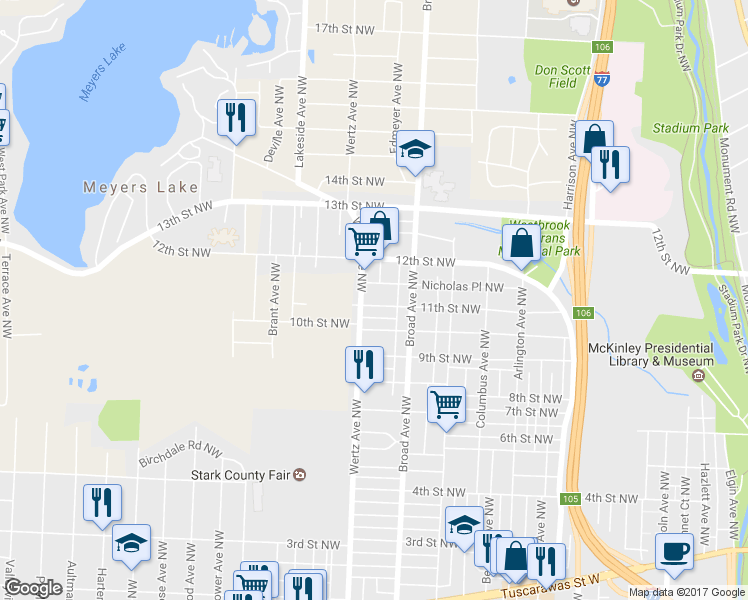 map of restaurants, bars, coffee shops, grocery stores, and more near 2913 11th Street Northwest in Canton