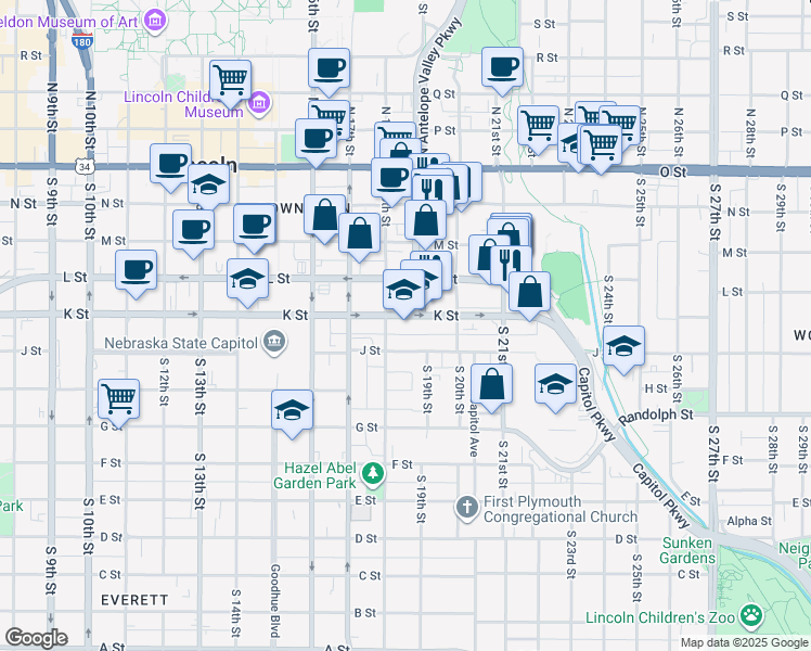 map of restaurants, bars, coffee shops, grocery stores, and more near 1821 K Street in Lincoln