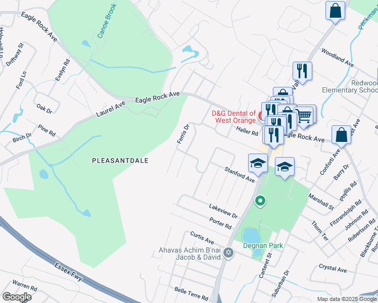 map of restaurants, bars, coffee shops, grocery stores, and more near 38 Edgemont Road in West Orange