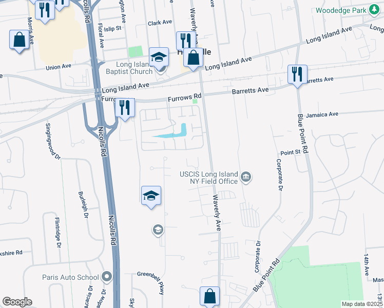 map of restaurants, bars, coffee shops, grocery stores, and more near 164 Storm Drive in Holtsville