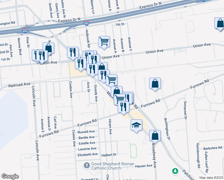 map of restaurants, bars, coffee shops, grocery stores, and more near 999 Main Street in Holbrook