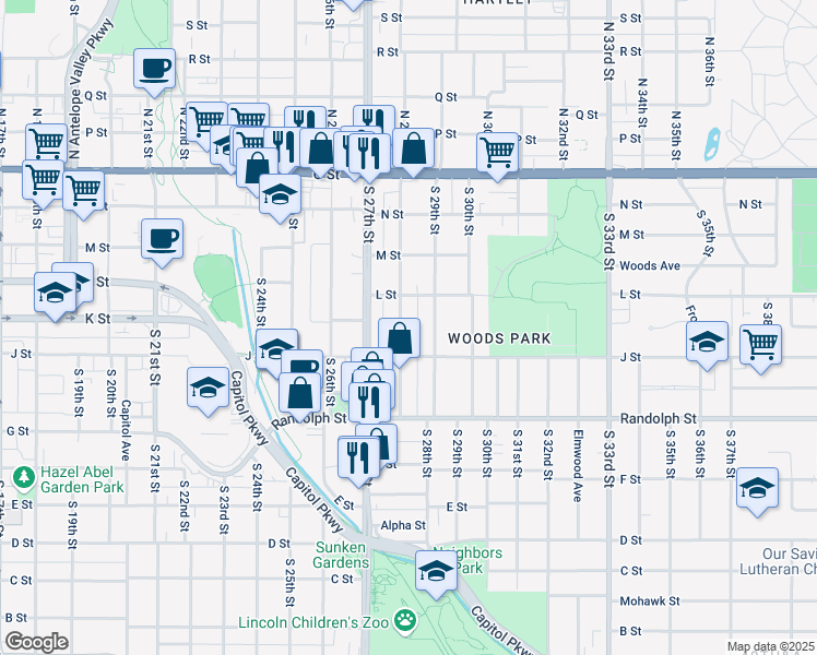 map of restaurants, bars, coffee shops, grocery stores, and more near 500 South 28th Street in Lincoln