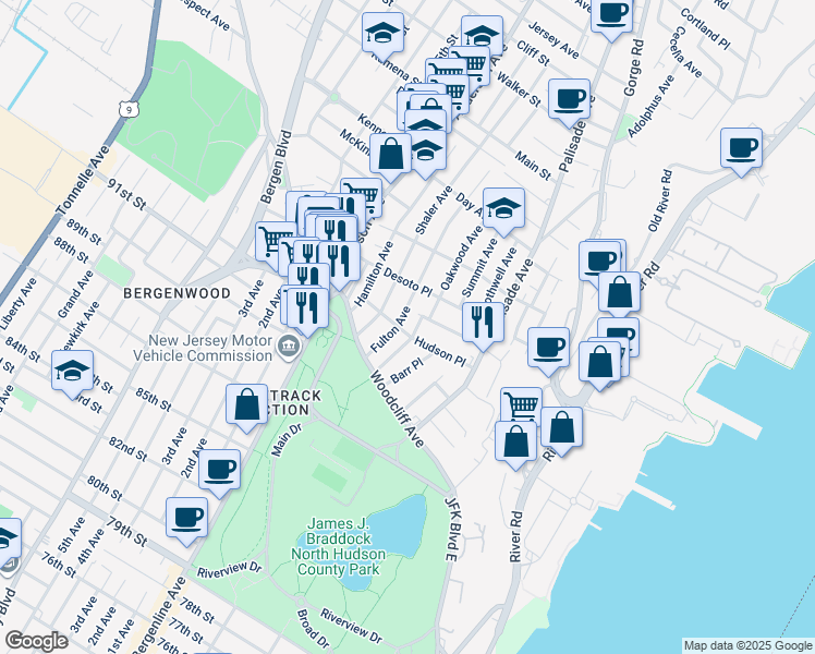 map of restaurants, bars, coffee shops, grocery stores, and more near 257 Hudson Place in Fairview