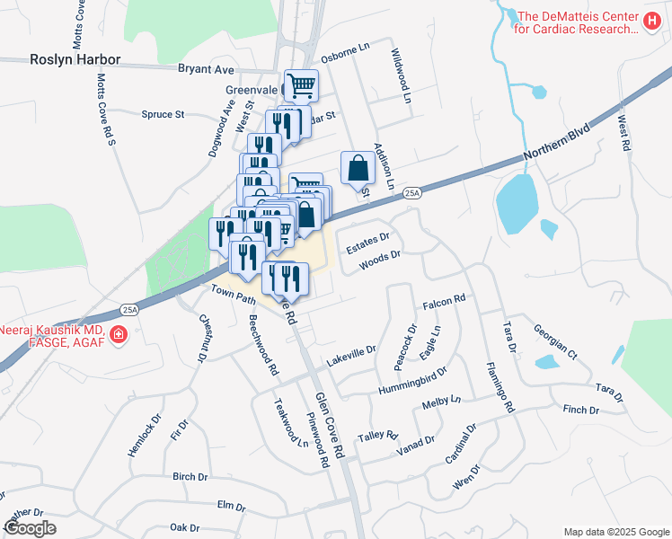 map of restaurants, bars, coffee shops, grocery stores, and more near 50 Woods Drive in Roslyn