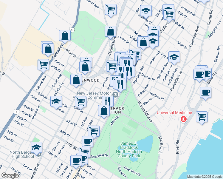 map of restaurants, bars, coffee shops, grocery stores, and more near 9005 Bergenline Avenue in North Bergen