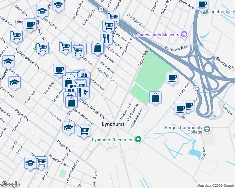 map of restaurants, bars, coffee shops, grocery stores, and more near 224 Mountain Way in Lyndhurst
