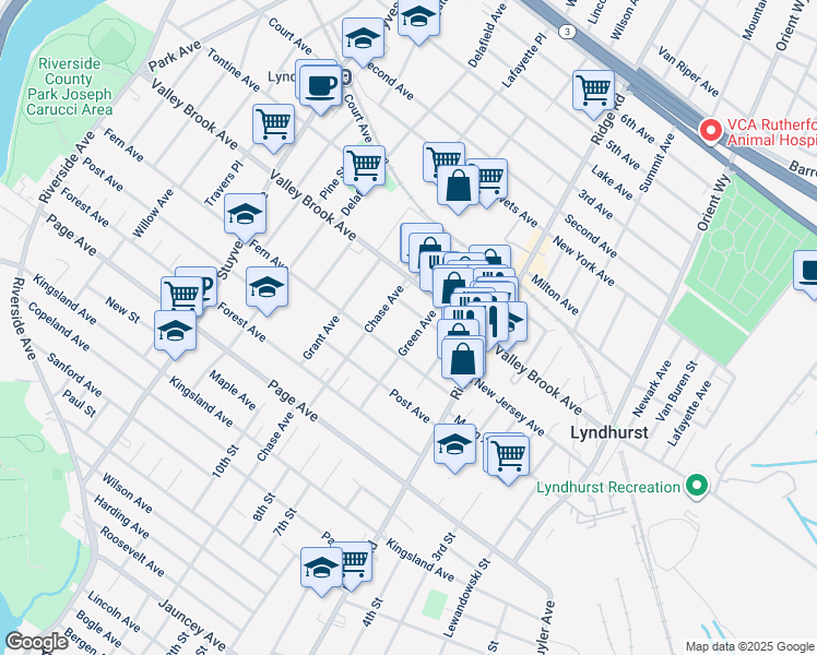 map of restaurants, bars, coffee shops, grocery stores, and more near 320 Green Avenue in Lyndhurst