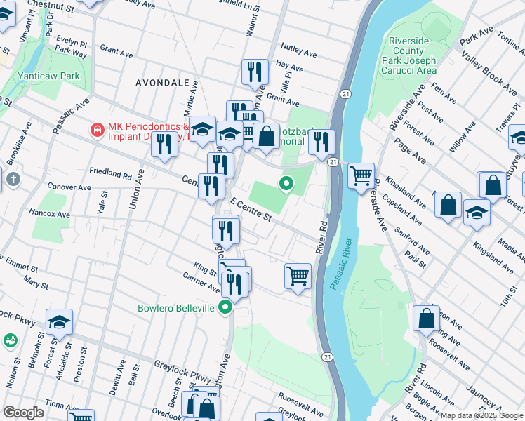 map of restaurants, bars, coffee shops, grocery stores, and more near 76 East Centre Street in Nutley