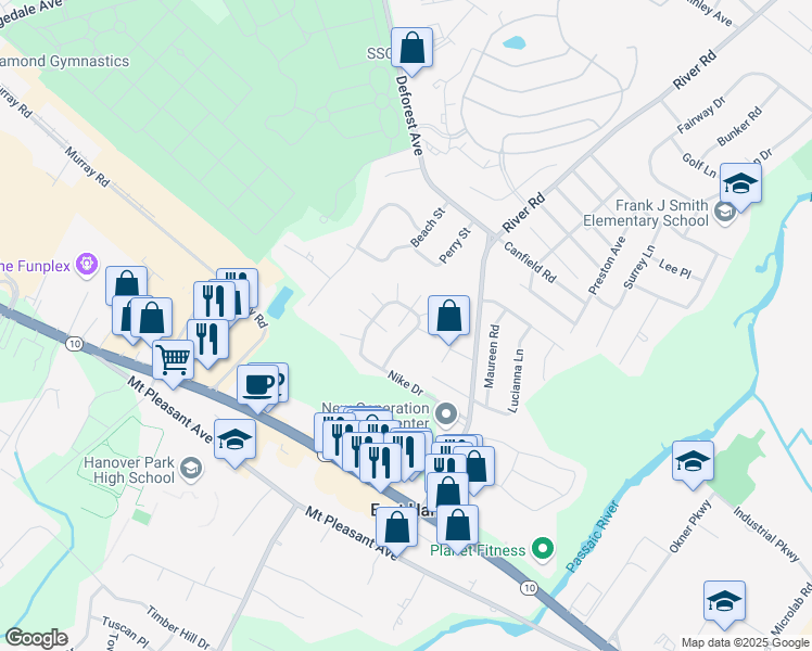 map of restaurants, bars, coffee shops, grocery stores, and more near 32 Gina Court in East Hanover