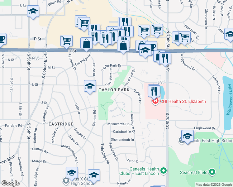 map of restaurants, bars, coffee shops, grocery stores, and more near 501 Haverford Circle in Lincoln
