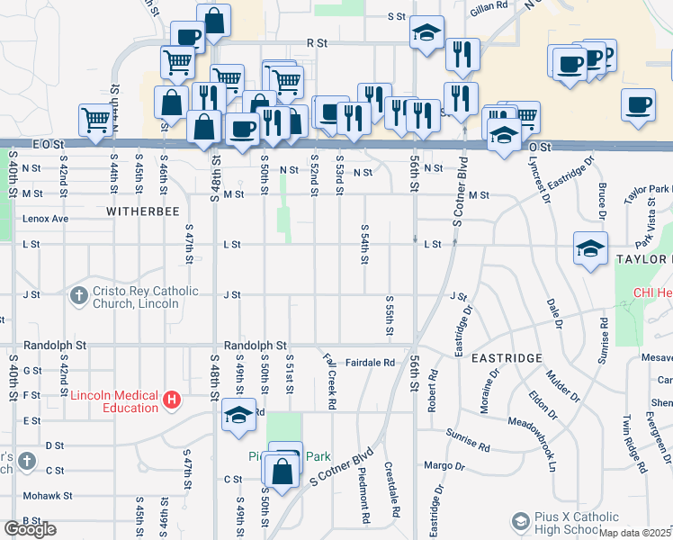 map of restaurants, bars, coffee shops, grocery stores, and more near 443 South 53rd Street in Lincoln