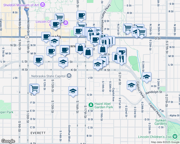 map of restaurants, bars, coffee shops, grocery stores, and more near in Lincoln