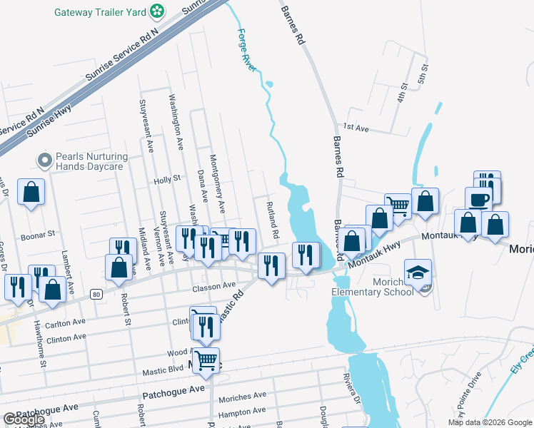 map of restaurants, bars, coffee shops, grocery stores, and more near 16 Rutland Road in Mastic