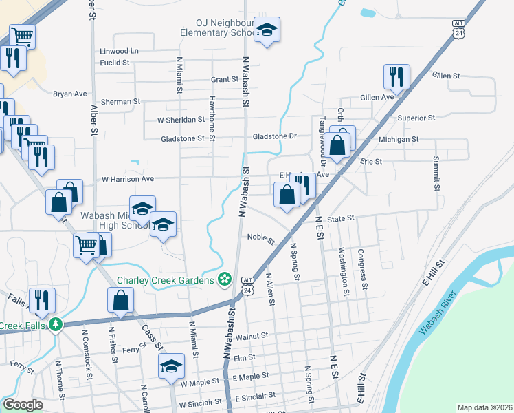 map of restaurants, bars, coffee shops, grocery stores, and more near 768 North Spring Street in Wabash