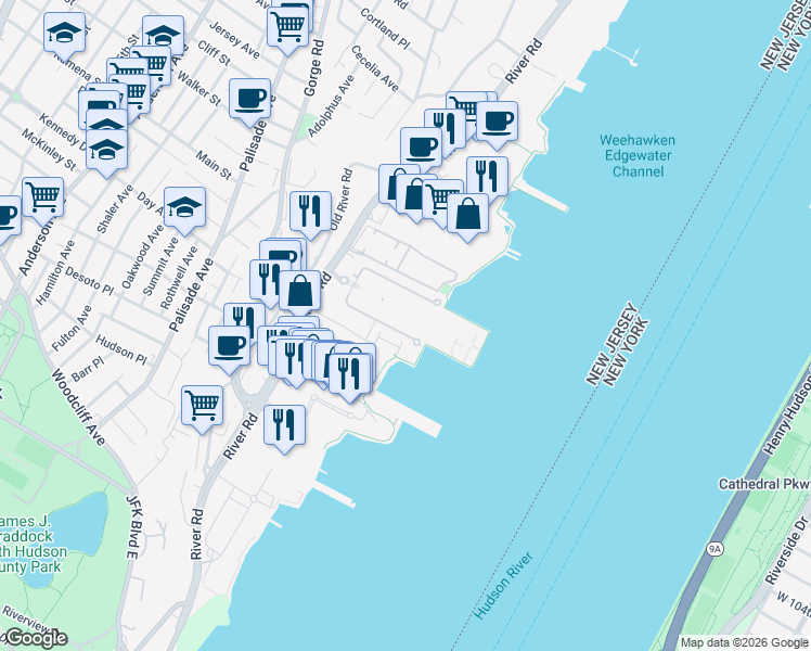 map of restaurants, bars, coffee shops, grocery stores, and more near 314 Thornton Court in Edgewater