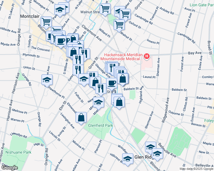 map of restaurants, bars, coffee shops, grocery stores, and more near 11 Pine Street in Montclair