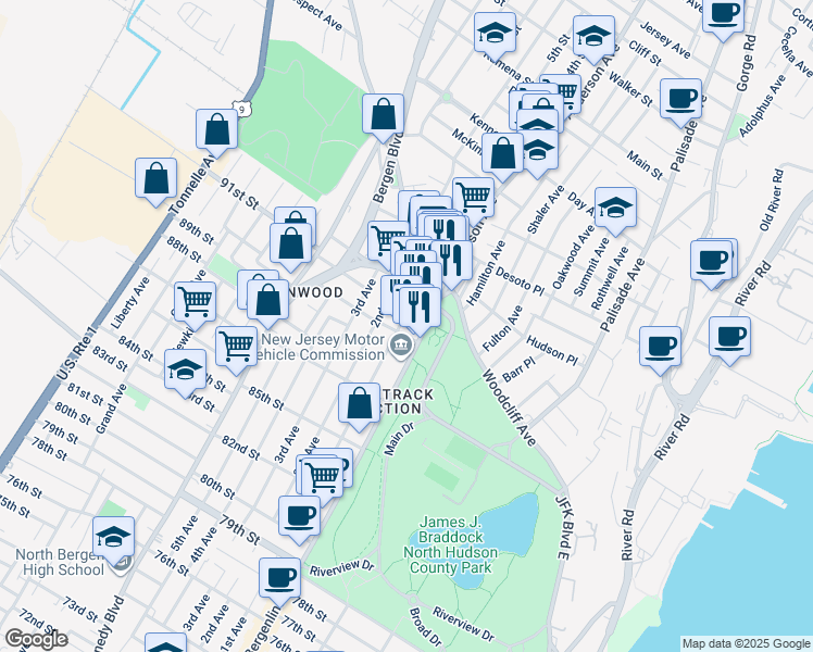 map of restaurants, bars, coffee shops, grocery stores, and more near 9005 Bergenline Avenue in North Bergen