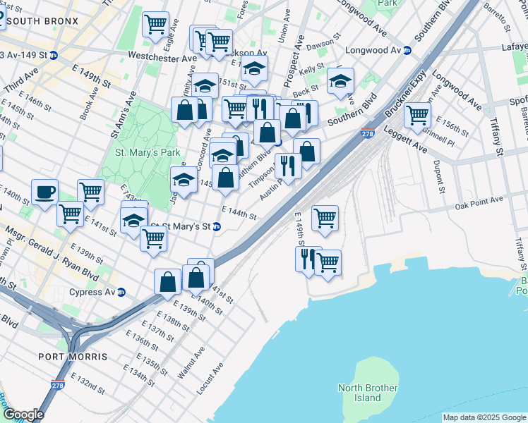 map of restaurants, bars, coffee shops, grocery stores, and more near 429 Bruckner Boulevard in The Bronx