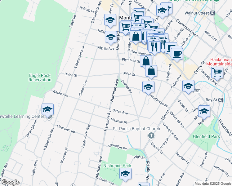 map of restaurants, bars, coffee shops, grocery stores, and more near 29 Harrison Ave in Montclair