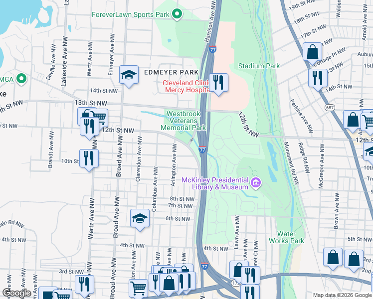map of restaurants, bars, coffee shops, grocery stores, and more near 2320 Lake Road Boulevard Northwest in Canton