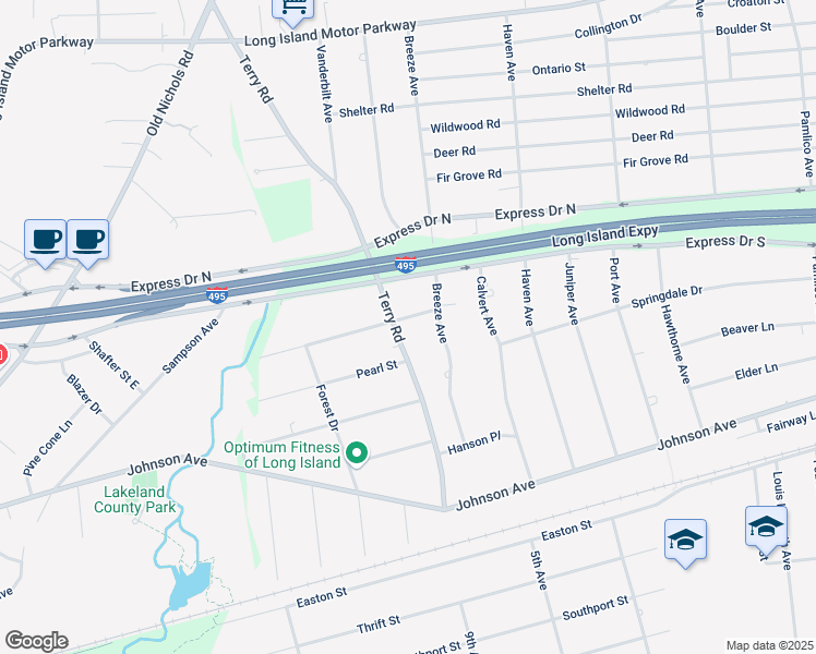 map of restaurants, bars, coffee shops, grocery stores, and more near 1165 Terry Road in Ronkonkoma