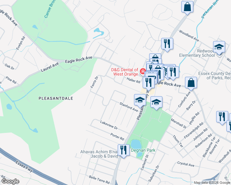 map of restaurants, bars, coffee shops, grocery stores, and more near 30 Crestwood Drive in West Orange