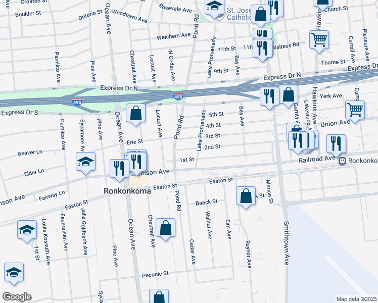 map of restaurants, bars, coffee shops, grocery stores, and more near 72 2nd Street in Ronkonkoma