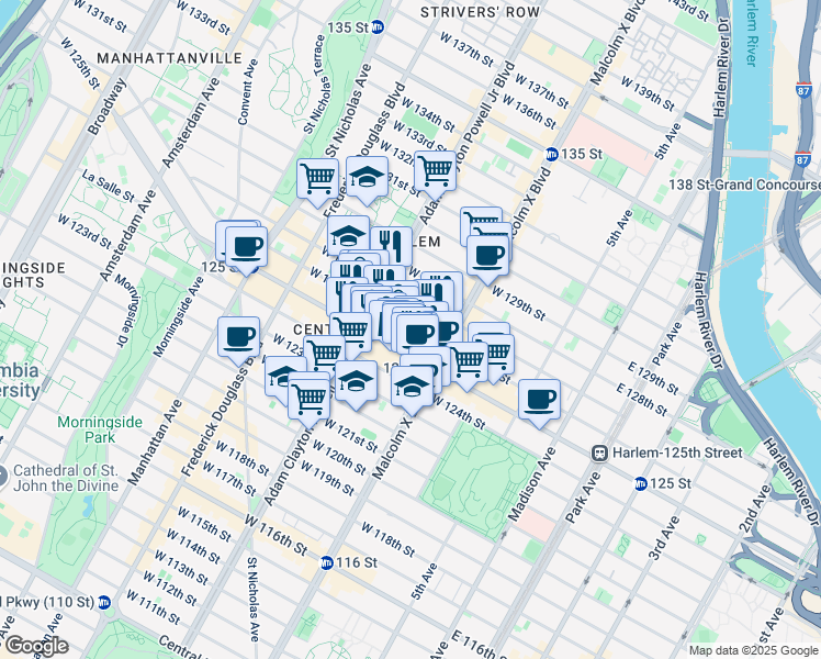 map of restaurants, bars, coffee shops, grocery stores, and more near 120 West 126th Street in New York