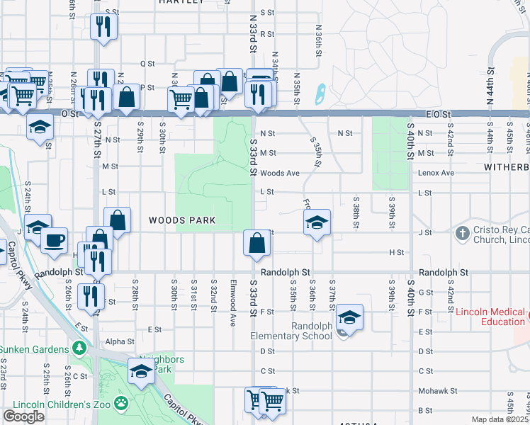 map of restaurants, bars, coffee shops, grocery stores, and more near 510 S 33rd St in Lincoln