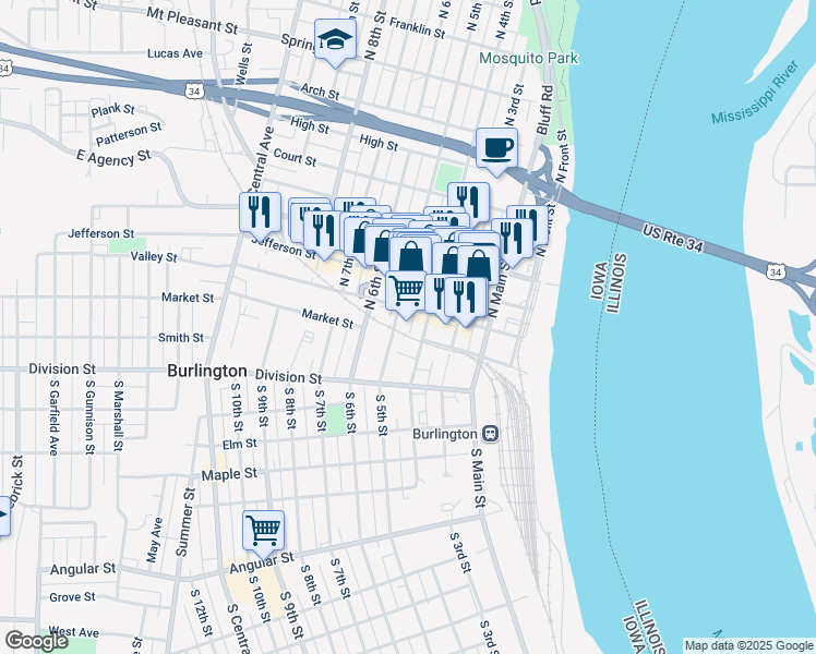 map of restaurants, bars, coffee shops, grocery stores, and more near 425 Valley Street in Burlington