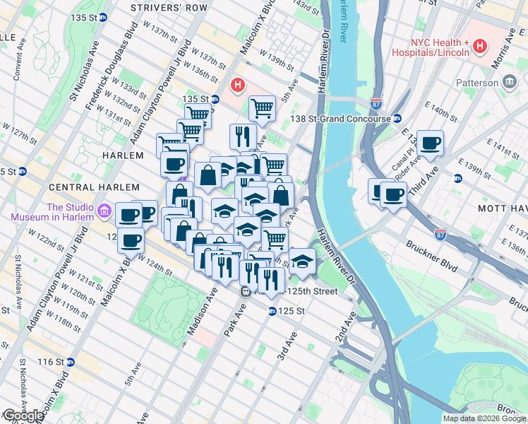 map of restaurants, bars, coffee shops, grocery stores, and more near 51 East 130th Street in New York
