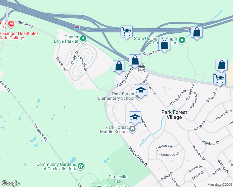 map of restaurants, bars, coffee shops, grocery stores, and more near 2547 Carnegie Drive in State College