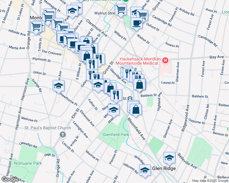 map of restaurants, bars, coffee shops, grocery stores, and more near 3 Bloomfield Avenue in Montclair