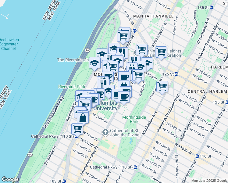 map of restaurants, bars, coffee shops, grocery stores, and more near 3022 Broadway in New York