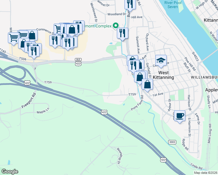 map of restaurants, bars, coffee shops, grocery stores, and more near 217 Briar Hill Road in Kittanning