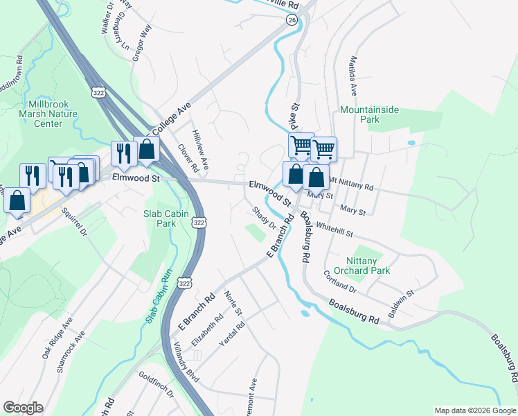 map of restaurants, bars, coffee shops, grocery stores, and more near 206 Shady Drive in State College