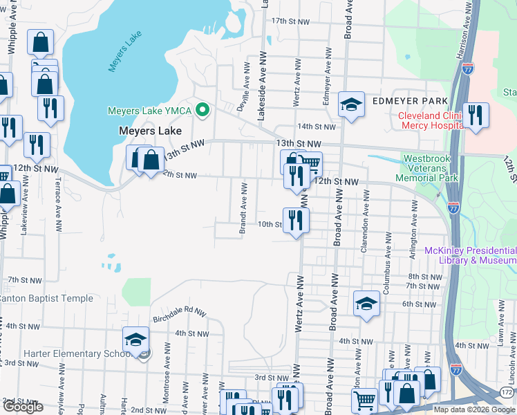 map of restaurants, bars, coffee shops, grocery stores, and more near 1102 Oak Avenue Northwest in Canton
