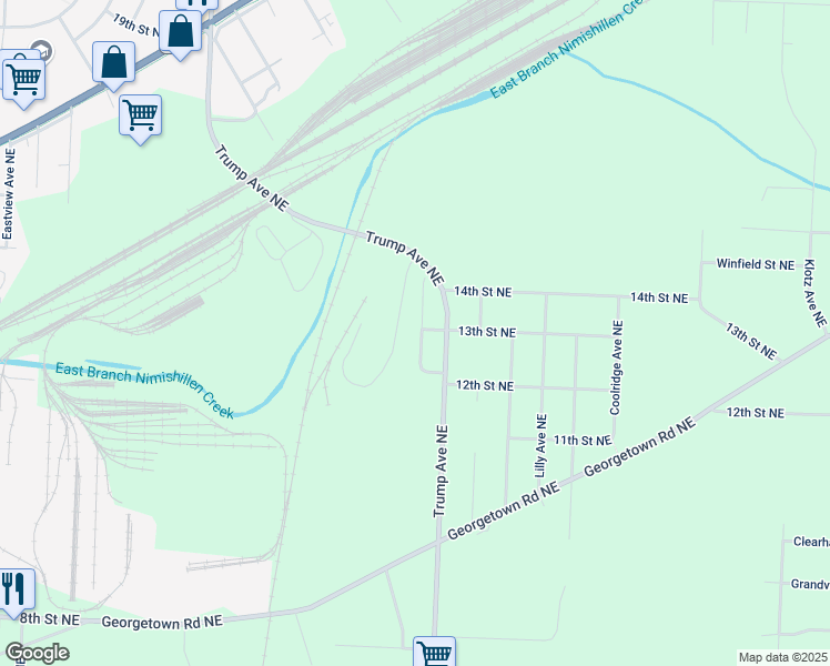 map of restaurants, bars, coffee shops, grocery stores, and more near 1253 Lodge Avenue Northeast in East Canton