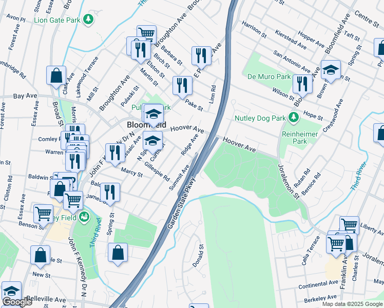 map of restaurants, bars, coffee shops, grocery stores, and more near 74 Valentine Road in Bloomfield